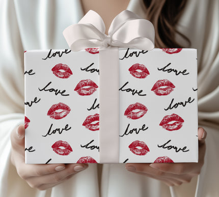 Kisscribe – Red lips and “love” cursive text pattern wrapping paper