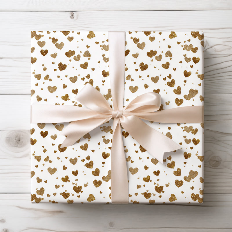 Stardust Hearts – Golden glitter hearts and dots on white background wrapping paper