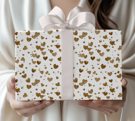 Stardust Hearts – Golden glitter hearts and dots on white background wrapping paper