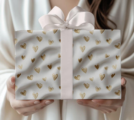 GoldenSketch – Gold Foil Scribble Hearts on Satin White wrapping paper