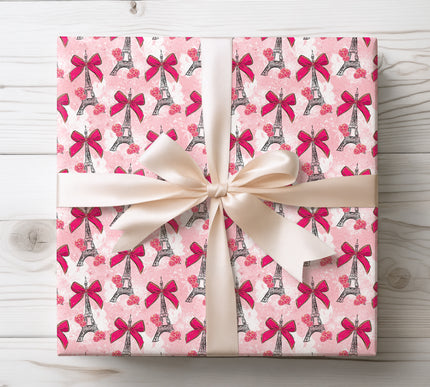 Eiffel Tower Valentine Wrapping Paper with Pink Bows and Roses 