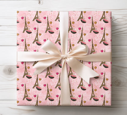 Eiffel Tower Valentine Wrapping Paper, Paris Romance Hearts Gift Wrap 