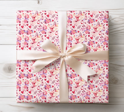 Watercolor Love Letters Wrapping Paper with Hearts, Flowers and Rings 