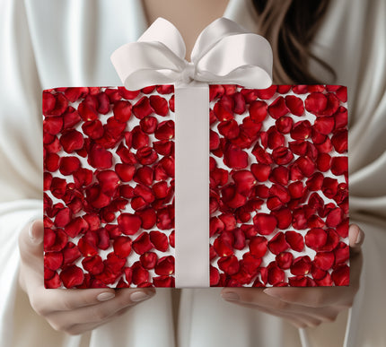 Velvetfall – Realistic Red Rose Petals on White Background Wrapping Paper