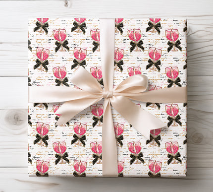 Valentine Wrapping Paper with Champagne Glasses and Glitter Hearts 