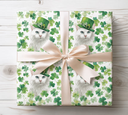 White Cat St. Patrick’s Day Wrapping Paper with Green Clovers 