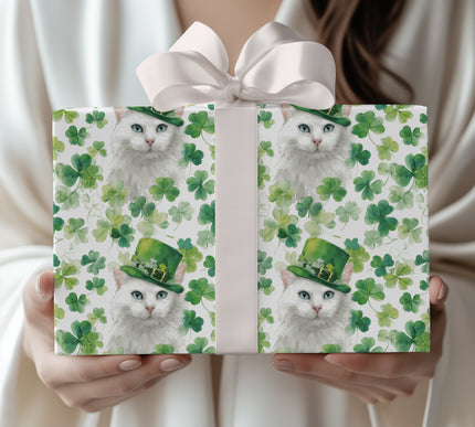 Cloverfrost Whisper – White Cat St. Patrick’s Day wrapping paper