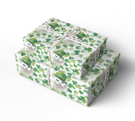 Cloverfrost Whisper – White Cat St. Patrick’s Day wrapping paper