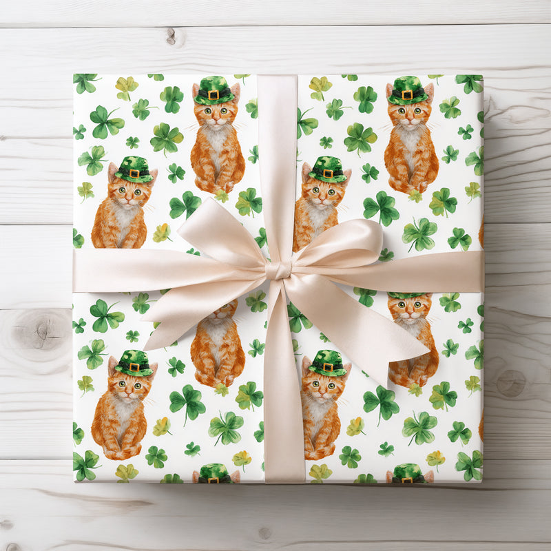 Cloverpaws Gingerluck - Ginger Cat St. Patrick’s Day Clover wrapping paper