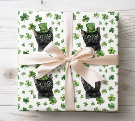 St. Patrick’s Day Black Cat Wrapping Paper – Watercolor Shamrock Cat Gift Wrap 