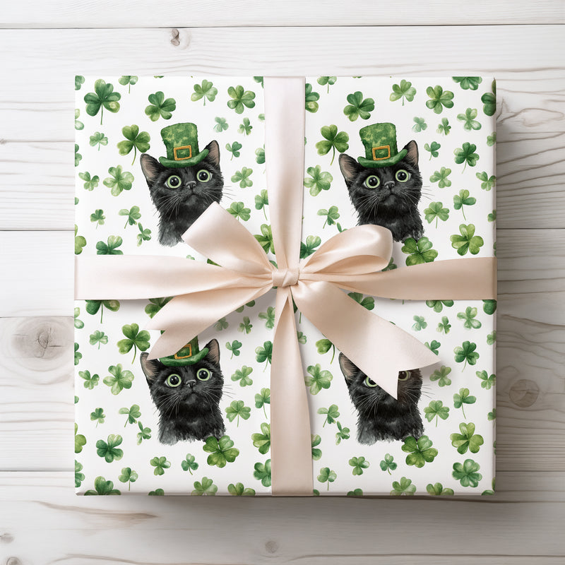Cloverpurr Luck – Black Cat St. Patrick’s Day shamrock wrapping paper