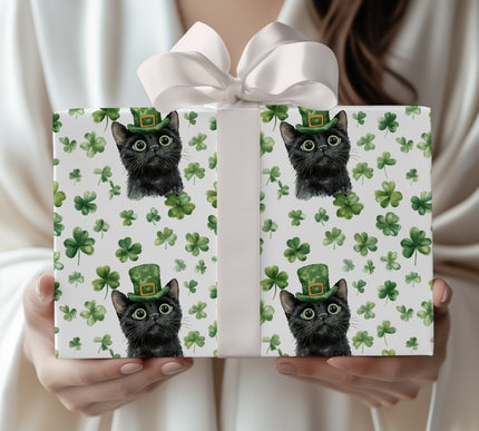 Cloverpurr Luck – Black Cat St. Patrick’s Day shamrock wrapping paper