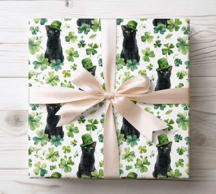Watercolor Black Cat Wrapping Paper, St. Patrick’s Day Clover Design 