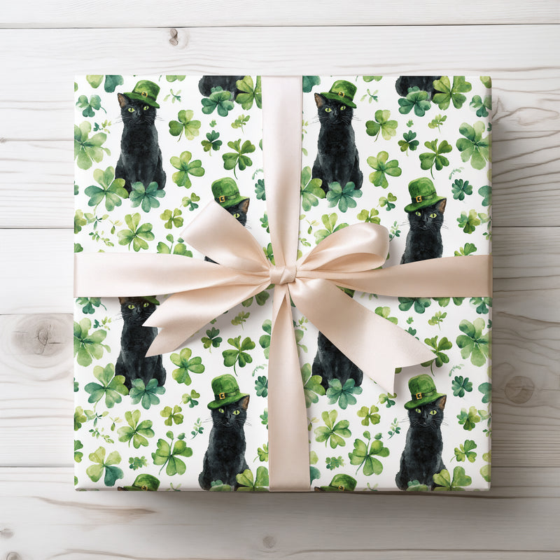 Emerald Purrluck – Watercolor Black Cat St. Patrick’s Day wrapping paper
