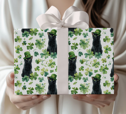 Emerald Purrluck – Watercolor Black Cat St. Patrick’s Day wrapping paper