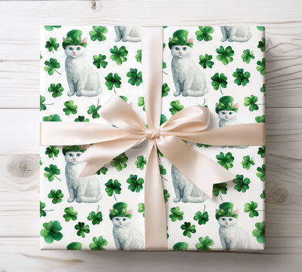 White Cat St. Patrick’s Day Wrapping Paper with Green Hat and Clovers 
