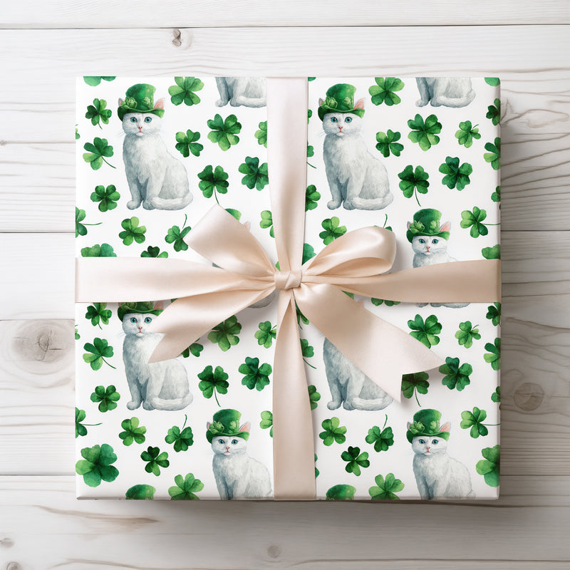 Emerald Snowpaw – White Cat St. Patrick’s Day Clover wrapping paper