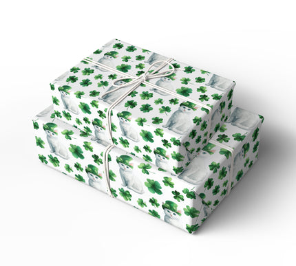 Emerald Snowpaw – White Cat St. Patrick’s Day Clover wrapping paper