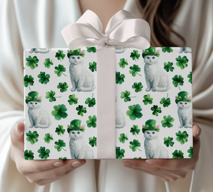 Emerald Snowpaw – White Cat St. Patrick’s Day Clover wrapping paper