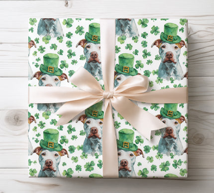 Pit Bull St. Patrick’s Day Wrapping Paper with Green Clovers 
