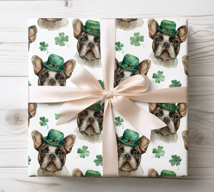 French Bulldog St Patrick’s Day Wrapping Paper – Green Clover Dog Gift Wrap 