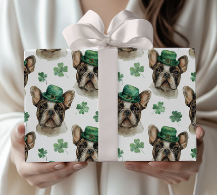 CloverSnout Cheer – French Bulldog in Green Leprechaun Hat wrapping paper