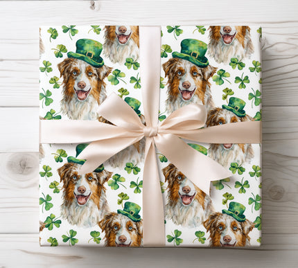 Australian Shepherd in Green Hat St. Patrick’s wrapping paper 