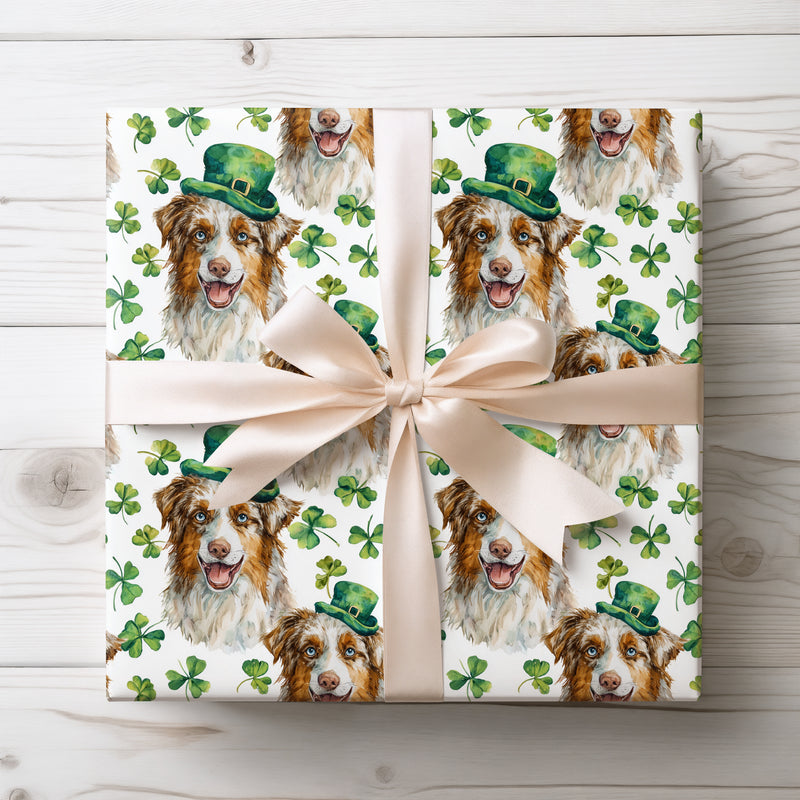 Clovertail Cheer – Australian Shepherd in Green Hat St. Patrick’s wrapping paper