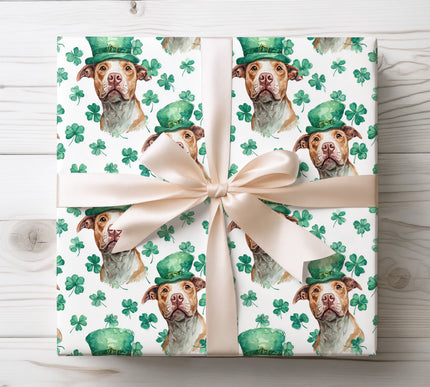 Pit Bull St. Patrick’s Day Wrapping Paper with Green Hat and Clovers 