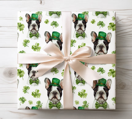 French Bulldog St. Patrick’s Day Clover wrapping paper