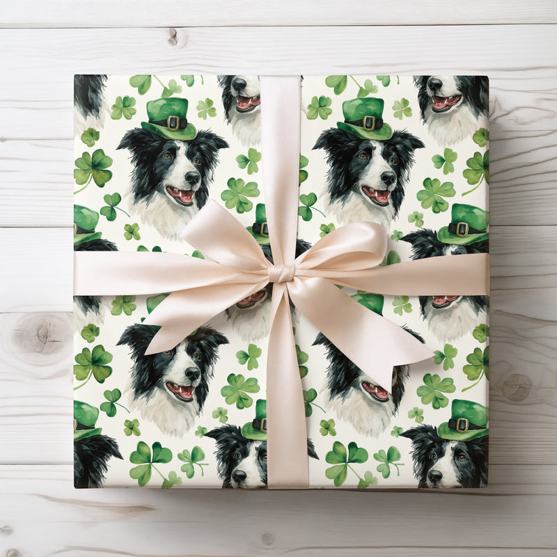 Emerpaw Luck – Border Collie with Shamrocks St. Patrick’s wrapping paper