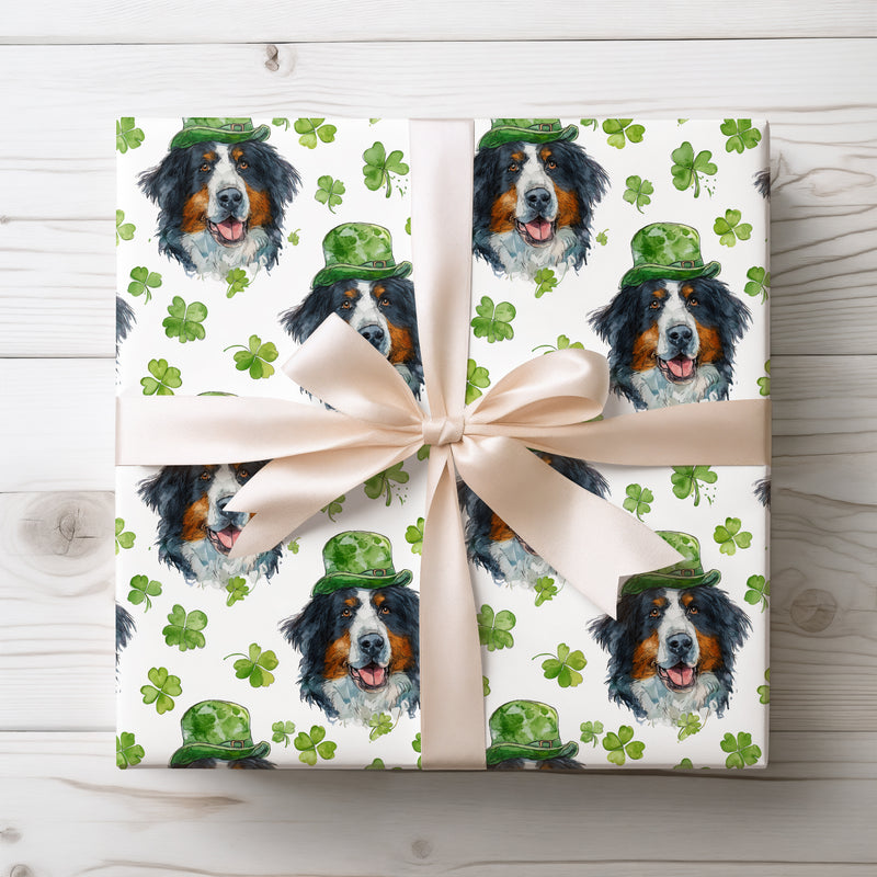 Luckpaw Guardian – Bernese Mountain Dog in Green Hat St. Patrick’s wrapping paper