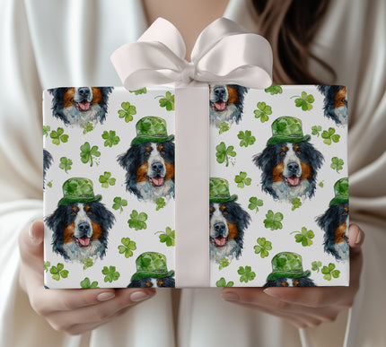 Luckpaw Guardian – Bernese Mountain Dog in Green Hat St. Patrick’s wrapping paper