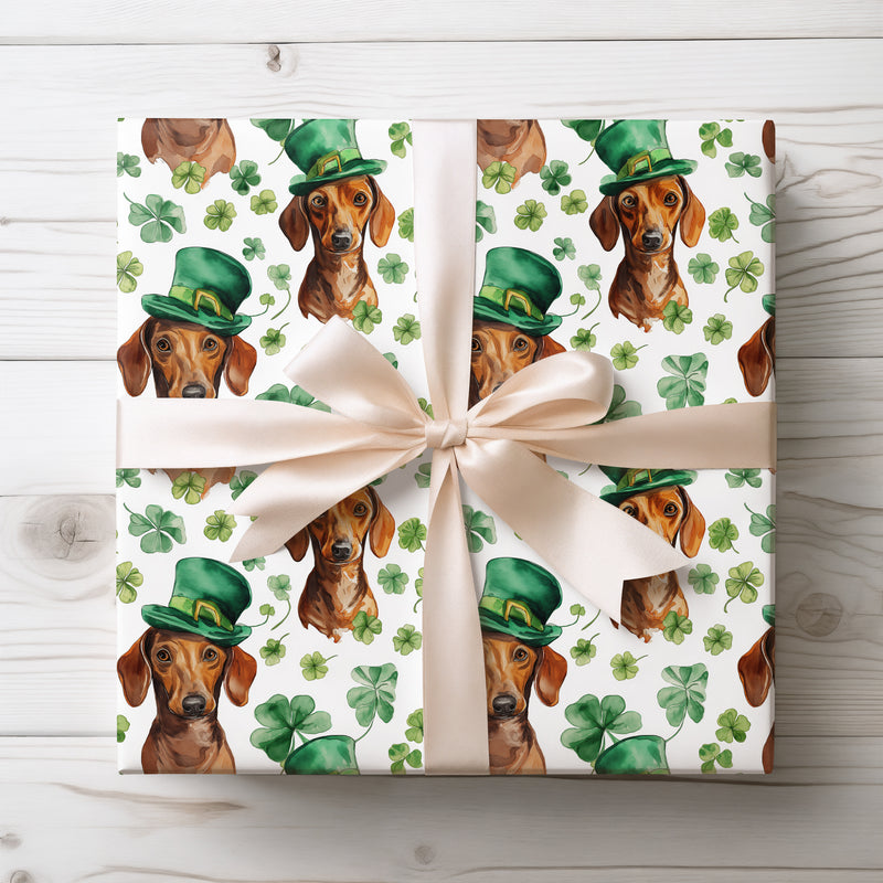 LuckyLongtail – Dachshund in Leprechaun Hat with Shamrocks wrapping paper