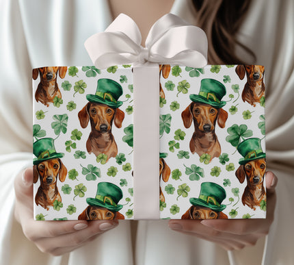 LuckyLongtail – Dachshund in Leprechaun Hat with Shamrocks wrapping paper