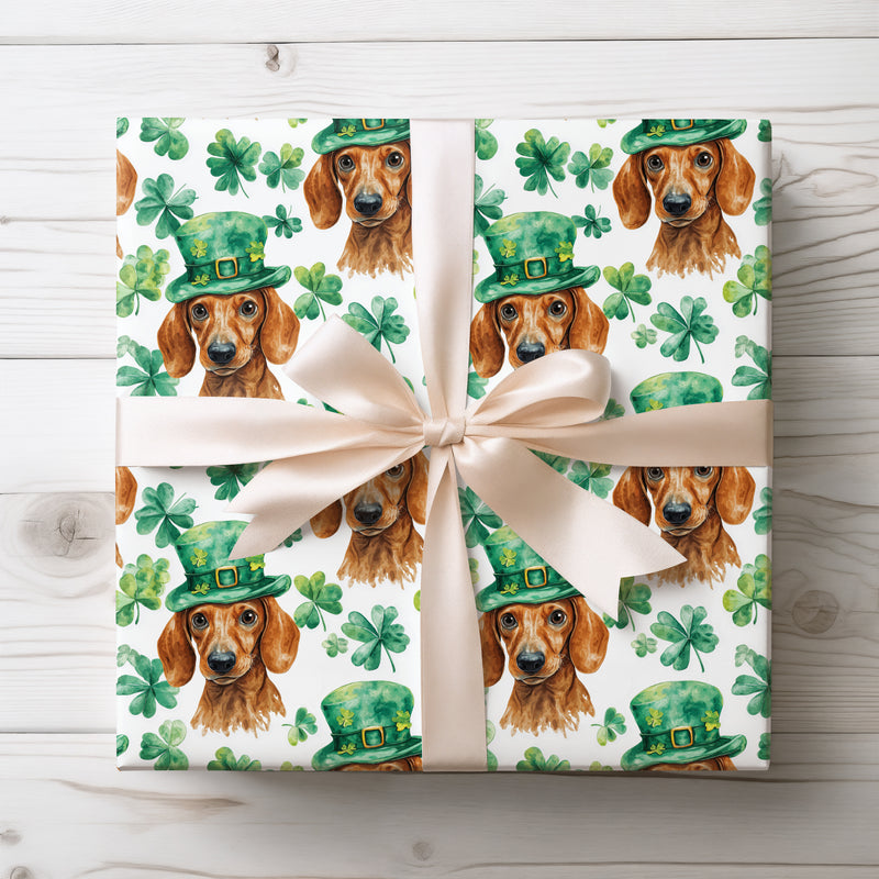 ShamrockStride – Playful Dachshund Clover Pattern wrapping paper