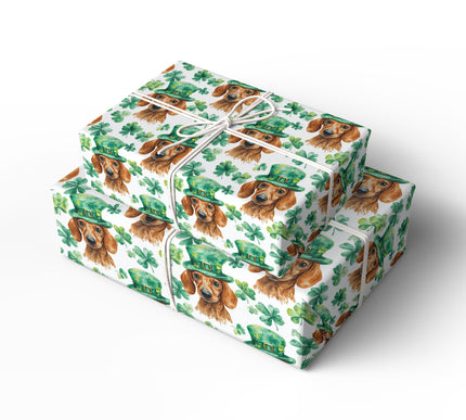 ShamrockStride – Playful Dachshund Clover Pattern wrapping paper