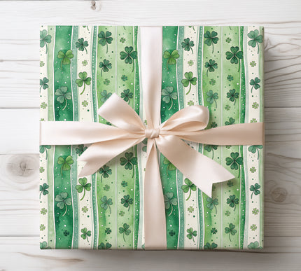 Green Clover Wrapping Paper with Watercolor Stripes, St. Patrick’s Day Gift Wrap 