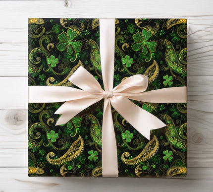 Luxury St Patrick’s Day Wrapping Paper with Green Clover and Gold Swirls