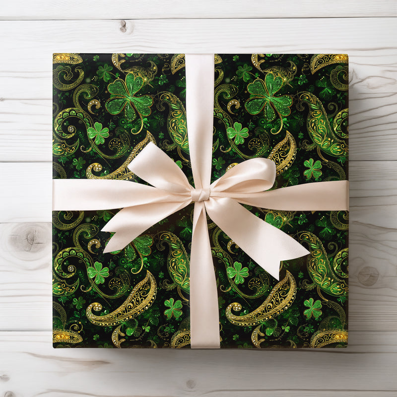 Emerald Gilded Whirl – Luxury green clover ornament wrapping paper
