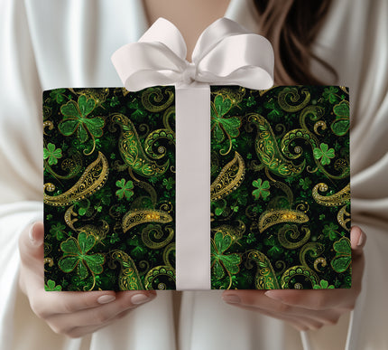 Emerald Gilded Whirl – Luxury green clover ornament wrapping paper