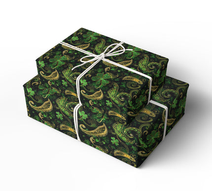 Emerald Gilded Whirl – Luxury green clover ornament wrapping paper