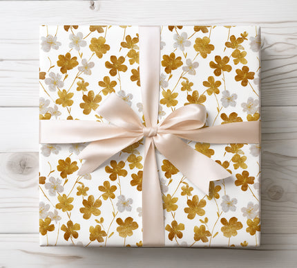 White and gold cherry blossom seamless floral pattern wrapping paper