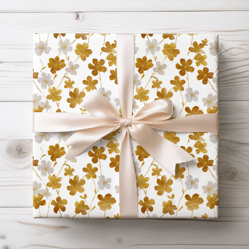 Gilded Petalfall – White and gold cherry blossom seamless floral pattern wrapping paper