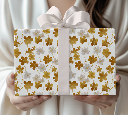 Gilded Petalfall – White and gold cherry blossom seamless floral pattern wrapping paper