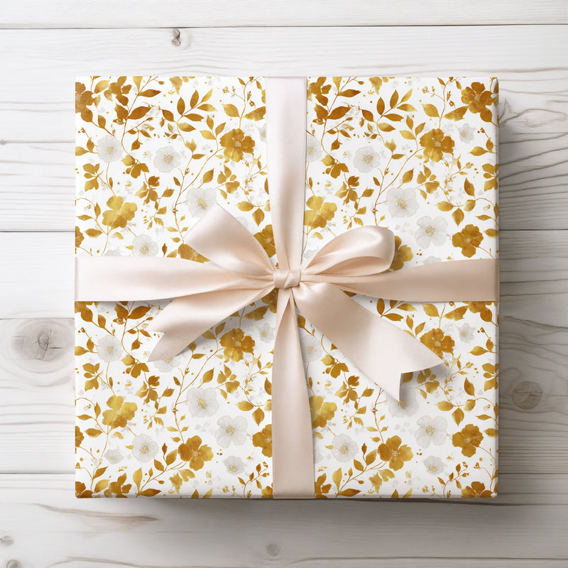 Solene Bloom – Elegant white and gold flower pattern with delicate branches wrapping paper