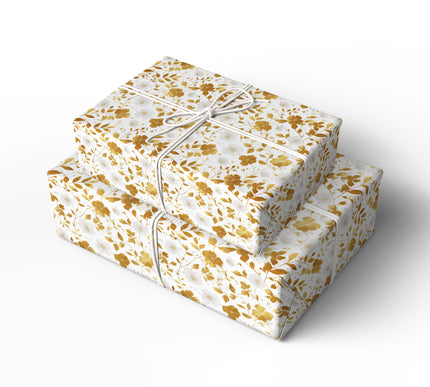 Solene Bloom – Elegant white and gold flower pattern with delicate branches wrapping paper