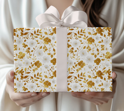 Solene Bloom – Elegant white and gold flower pattern with delicate branches wrapping paper