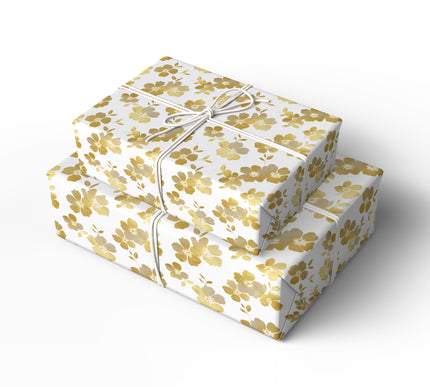 Sunveil Garden – Minimalistic gold foil floral seamless pattern on white wrapping paper