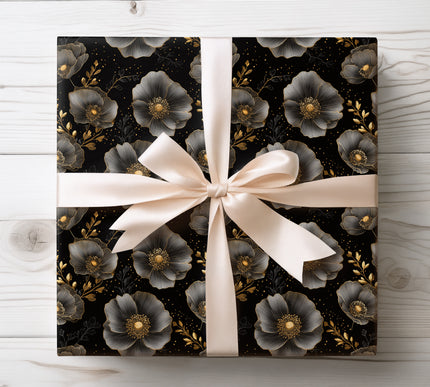 Gold & Black Foil Poppy Flower Seamless Wrapping Paper | WrapMood 